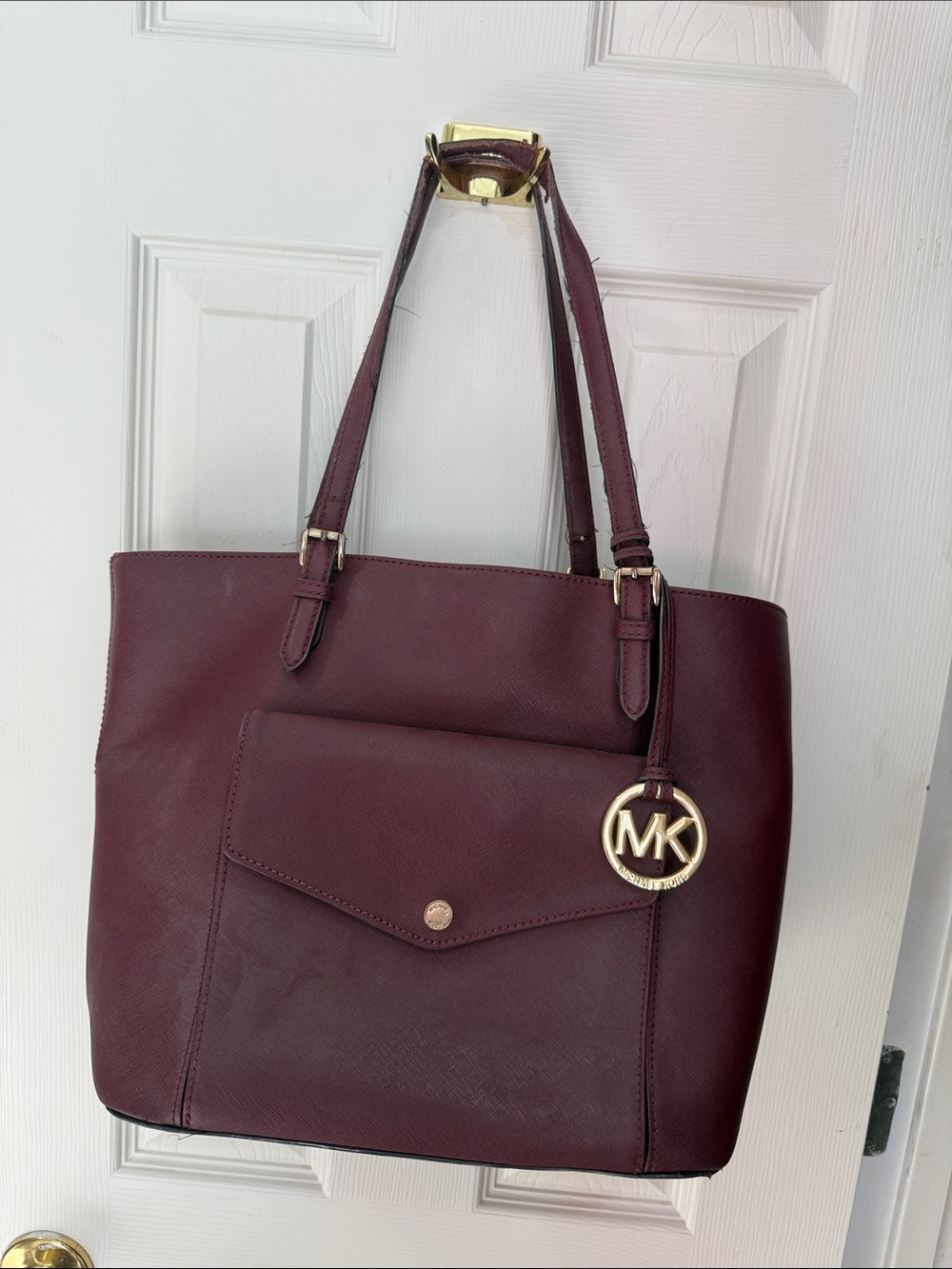 Michael Kors Burgundy Saffiano Leather Tote with MK Charm